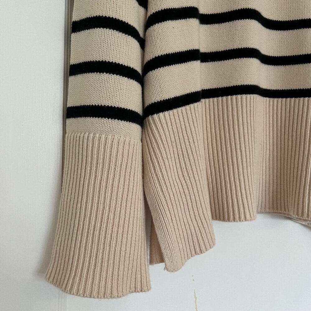 100% Cotton Cream and Black Striped Sweater with Split Hem | Size S/M - Picture 4 of 5